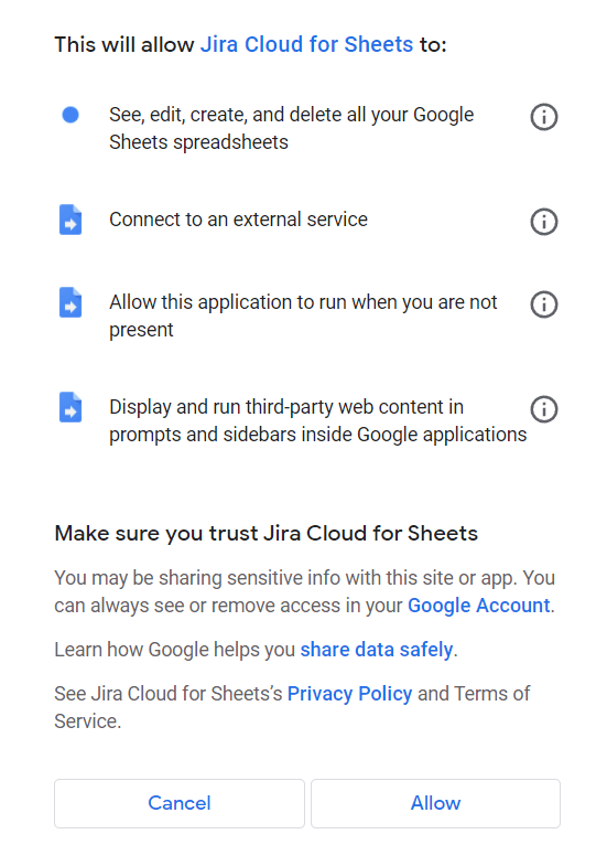 Accessing Permissions for Google Sheets Jira Integration